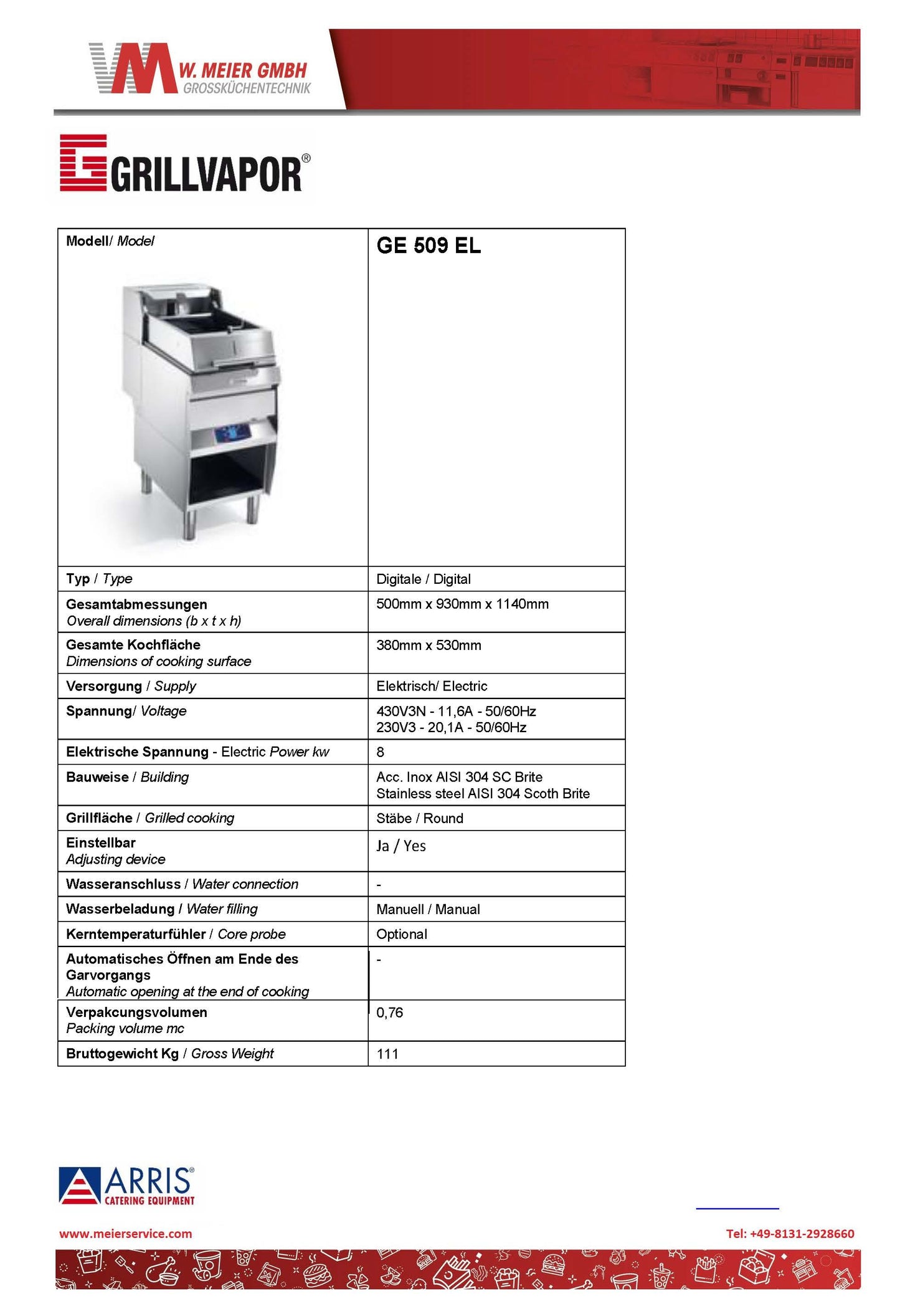 Arris GE 509 EL Automatik - 2 Platten Clemshell Overgrill Elektrisch